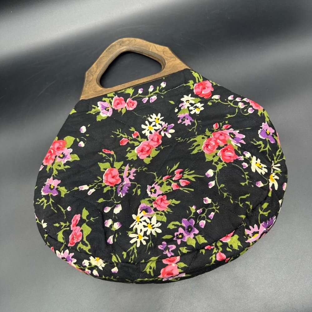 Vintage Purse Carpetbags Of America Floral Handbag Wooden Handles Black Pink